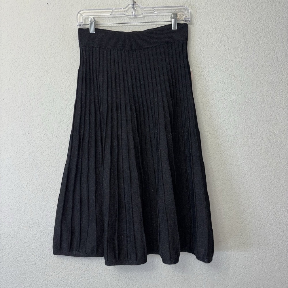 NWT Nanette Lepore Black Shimmer Pleated Knit Midi Skirt Women's Size M $118